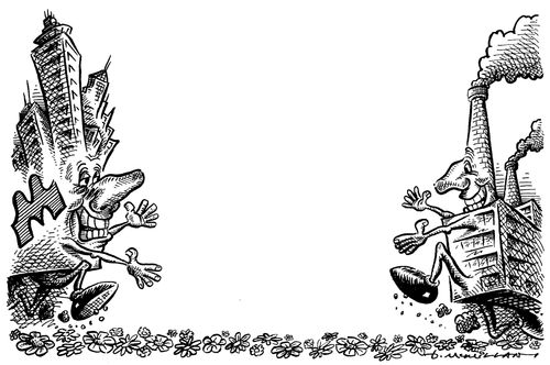 City and factories rushing to meet trampling over green pastures