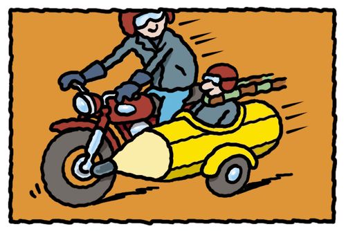 'Men on motorbike with pencil shaped sidecar.'