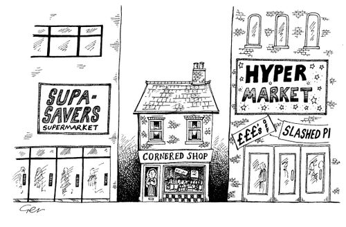 Supa Savers and Hyper Market surround Cornered Shop.