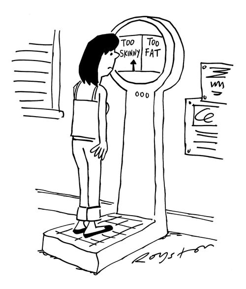 Woman stands on scales which have two categories: Too Skinny / Too Fat.