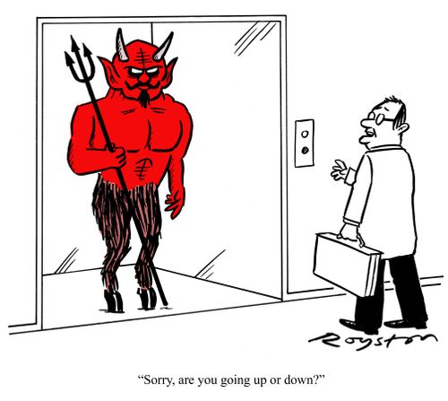 Demon in the elevator. Man says: 'Sorry, are you going up or down?'