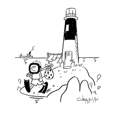 Boy running away from home (a lighthouse).