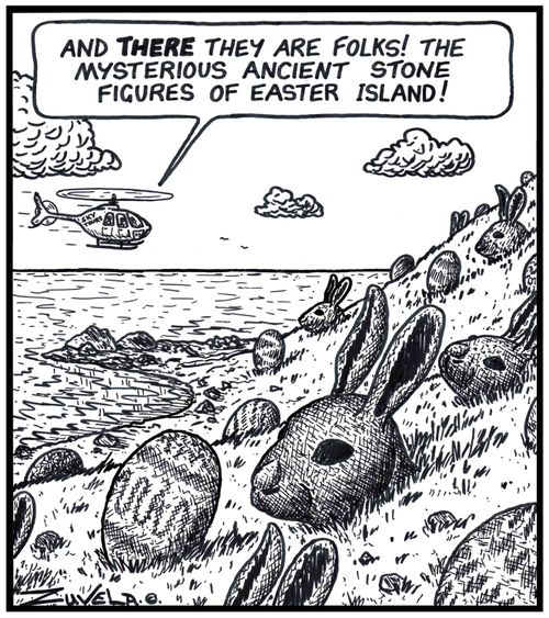 Helicopter tour guide: 'And THERE they are folks! The mysterious ancient stone figures of Easter Island!' 