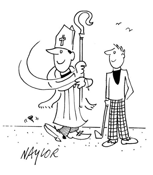 Bishop playing golf with his crosier.