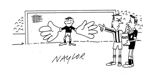 Goalie with oversized gloves.