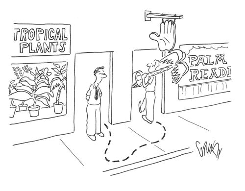 Man enters a palm reading establishment carrying a tropical plant.