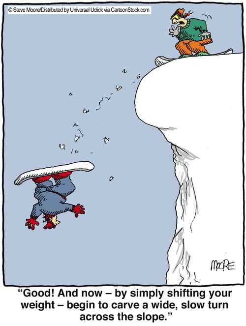 'Good! And now - by simply shifting your weight - begin to carve a wide, slow turn across the slope.'