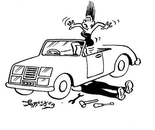 Mechanic under car gives seated passenger a shock,