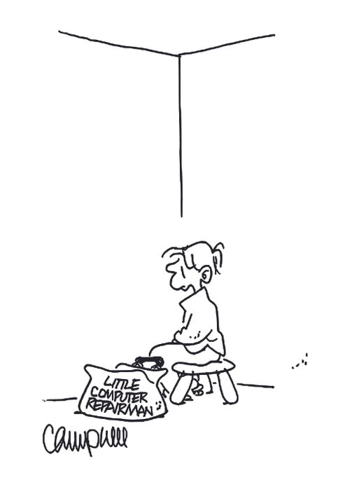 Little boy being punished in corner beside bag marked 'Little Computer Repairman'.