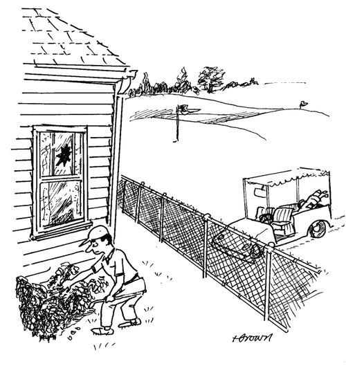 Golfer searching for lost golf ball neglecting to notice the broken window.