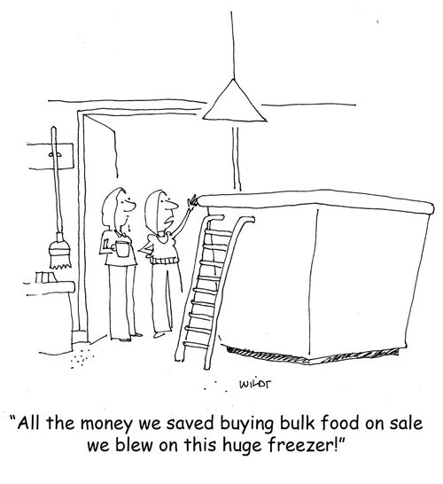 'All the money we saved buying bulk food on sale we blew on this huge freezer!'