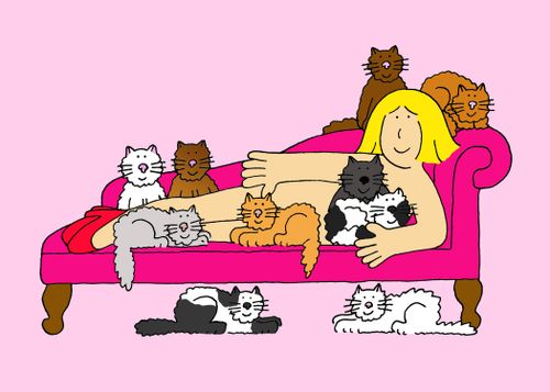Naked lady with cats.