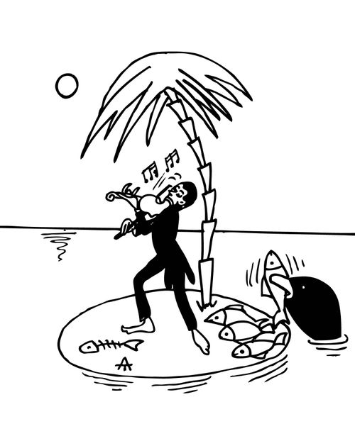 Musician busking for fish.