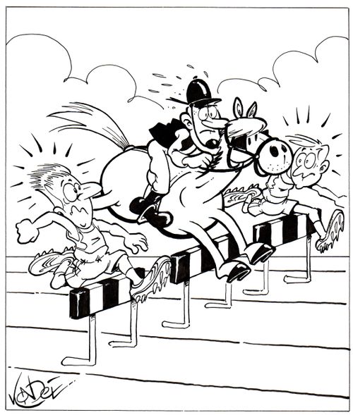 Man cheats in a hurdle race by riding a horse.