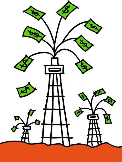 Money gushes from oil derrick.