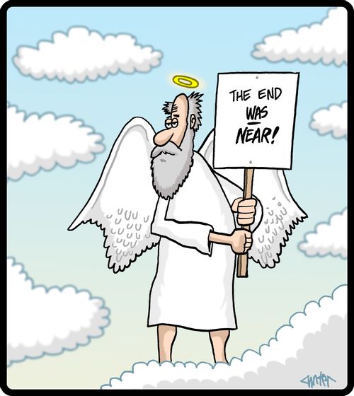 Doomsayer angel with a sign: 'The end was near!'