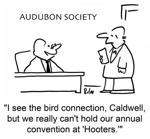 'I see the bird connection, Caldwell, but we really can't hold our annual convention at 'Hooters.''