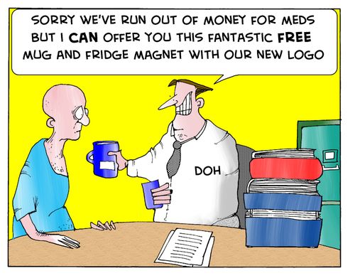 'Sorry we've run out of money for meds but I can offer you this fantastic free mug and fridge magnet with our new logo.'
