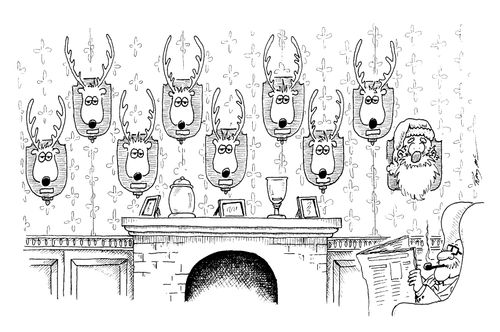 Santa and reindeers mounted as wall trophies