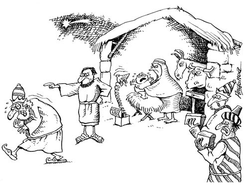 Wise man scaring baby Jesus.