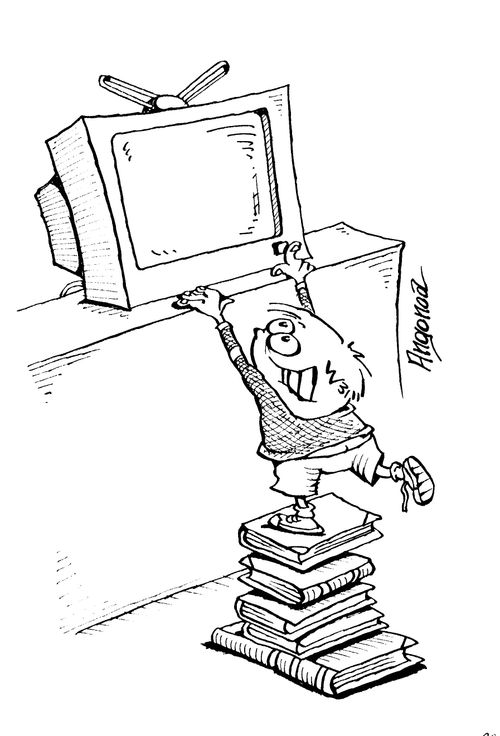 Kid trying to reach the 'on' button on the television.