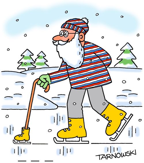 Old man with an ice skate on his walking stick.
