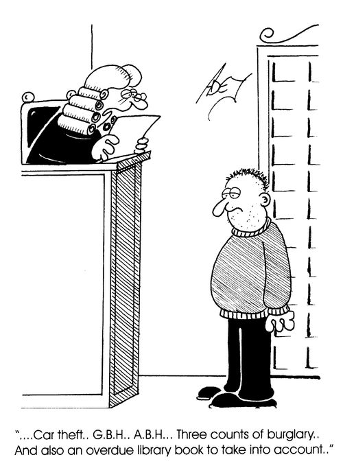 "..Car theft.. G.B.H.. , A.B.H...overdue library book..."