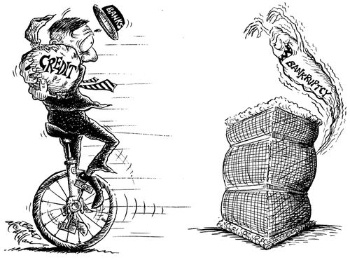 Man on a unicycle trying to guard credit from nasty 'Bankruptcy'.