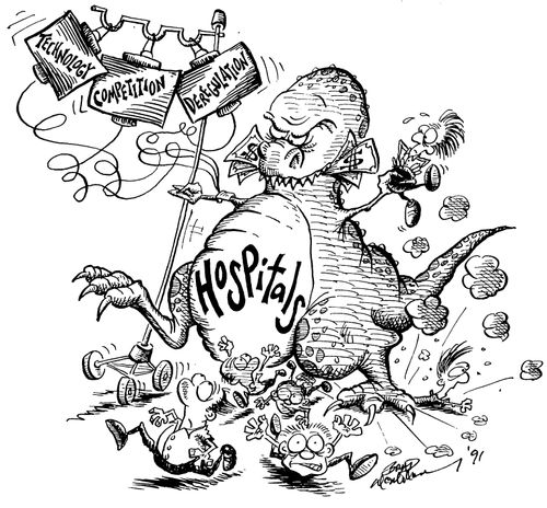 'Hospitals' monster with 'Technology', 'Competition' and 'Deregulation' drip, on the rampage