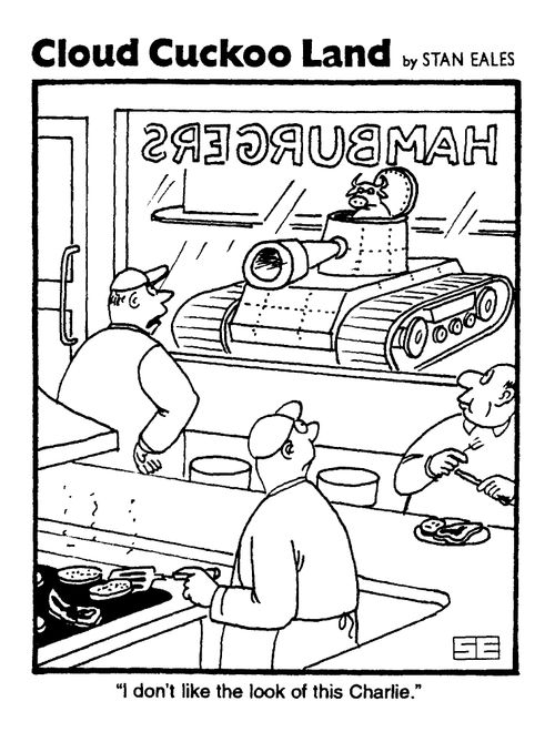 Cloud Cuckoo Land, Hamburger bar, "I don't like the look of this Charlie"