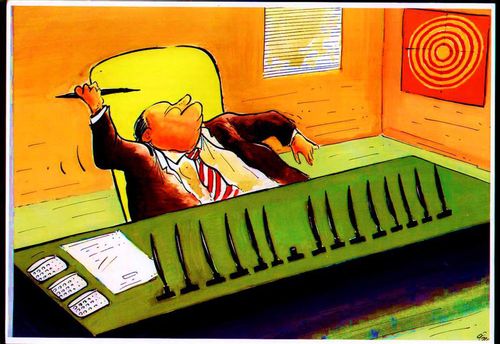 Man at important looking desk lined with quill pens gets ready to shoot one at a dartboard on his wall.