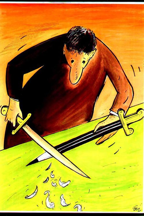 Man sharpening giant pencil with his sword