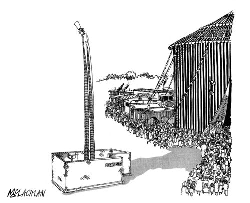 Man on stilts in public toilet.