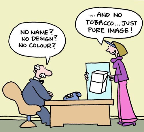 "No name?  No design?  No Colour?"  "...And no tobacco...just pure image!"  
