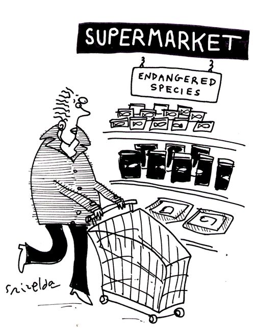 Supermarket aisle marked 'Endangered Species'
