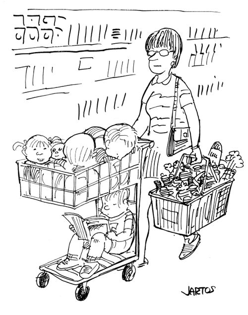 Women shopping with children in the trolley.