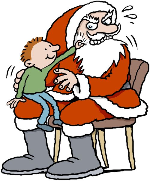 Angry Santa Claus having his beard pulled by a little boy.