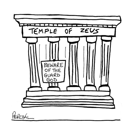 Greek Temple - sign says: 'Beware of the Guard God.'