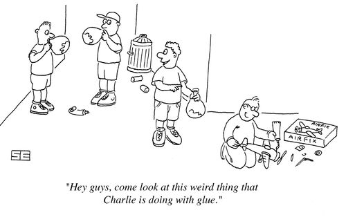 'Hey guys, come and look at this weird thing that Charlie is doing with glue.'