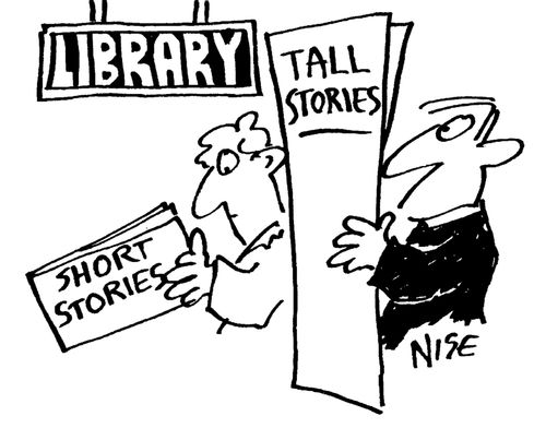 Men reading Tall Stories, and Short Stories in a Library
