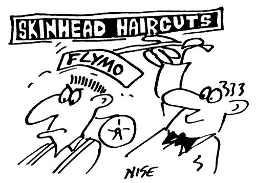 Barber does skinhead's haircut with a lawn mower.