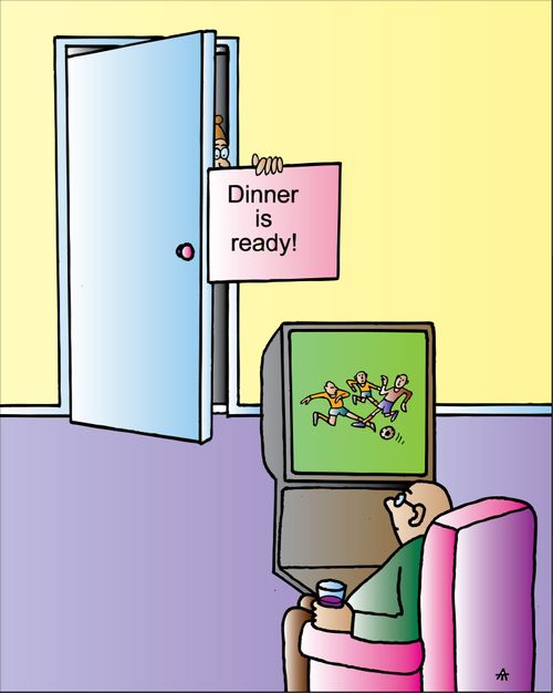 Woman attempts to get Husbands attention without interrupting: Dinner is ready!