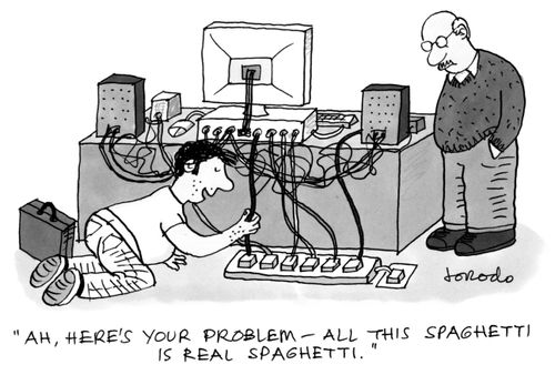 'Ah, here's your problem - all this spaghetti is real spaghetti.'