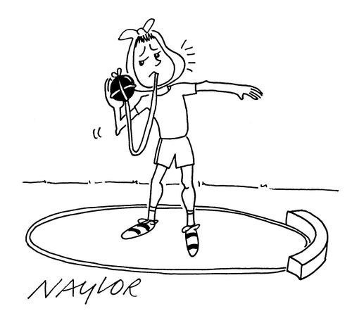 Girl with shotput tied to tooth.