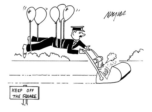 Groundskeeper mowing lawn with balloons.