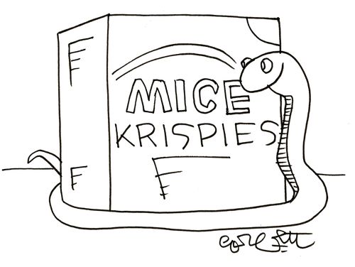 Snake with a box of 'Mice Krispies'.