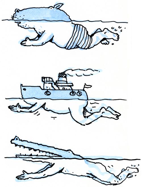 3 swimmers: normal below the water, above the water they are a hippo, a ship and a crocodile.
