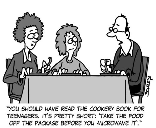 'You should have read the cookery book for teenagers. It's pretty short: 'Take the food off the package before you microwave it'.'