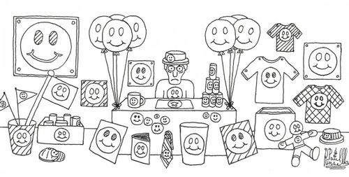 Grumpy smiley face salesman.