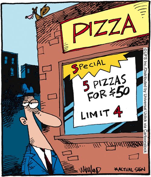 Pizza Special: 5 Pizzas for $50 (Limit 4).